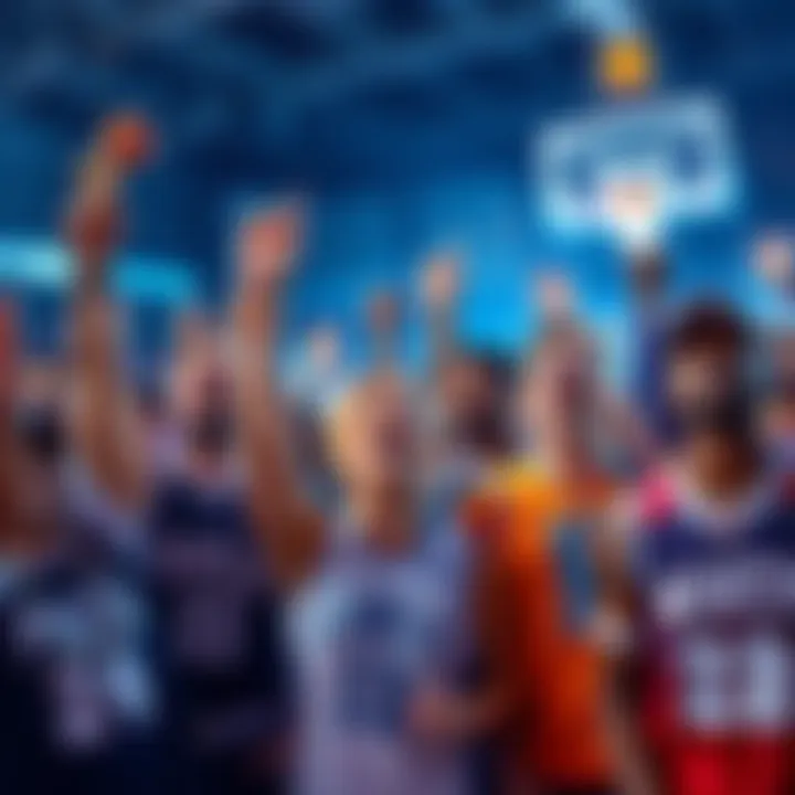 A group of excited fans wearing team jerseys cheering for their favorite basketball teams during March Madness 2026.
