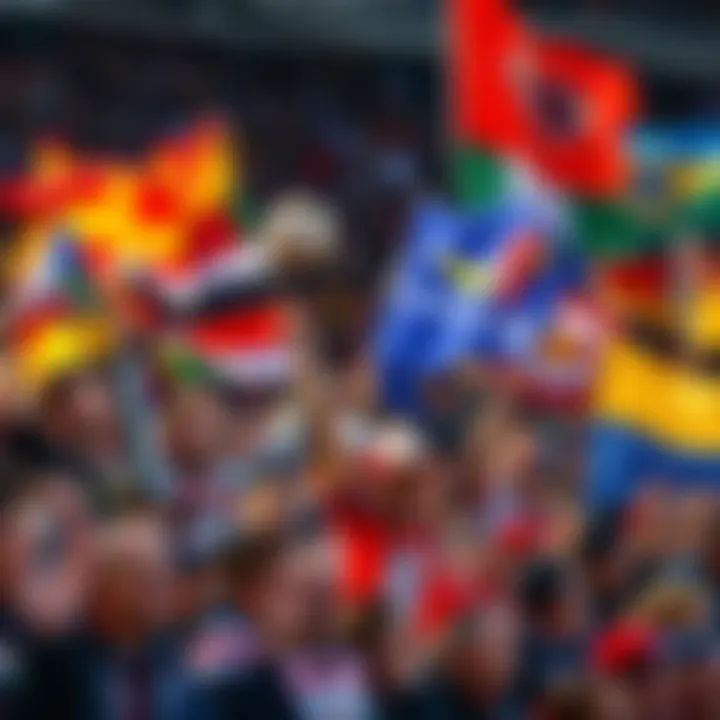 Fans cheering for early kickoff A crowd of excited fans wearing team colors, waving flags and holding banners in anticipation of the match.