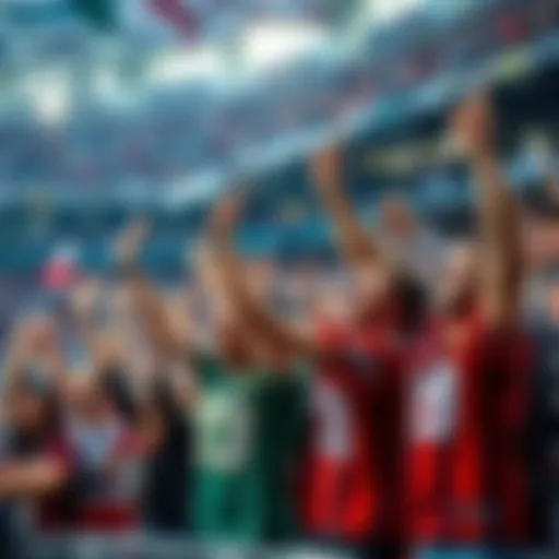 A group of excited sports fans celebrating a dramatic play during a game, holding team banners and wearing jerseys.