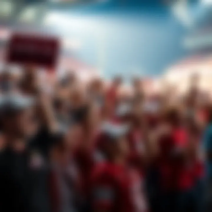 Fans Cheering for Underdogs A crowd of enthusiastic fans wearing team colors, holding up signs and cheering for underdog teams in a sports event.
