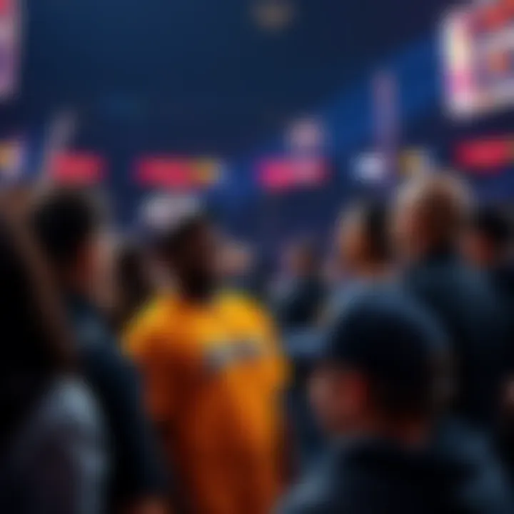 Excited fans gathered around, eagerly discussing the upcoming Lakers game and the anticipated drop