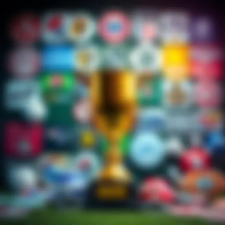 A collage of logos from top fantasy sports websites with a trophy in the center