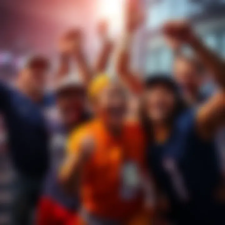 A group of diverse fantasy sports players celebrating their top score picks with excitement.