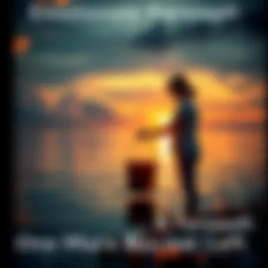 A person standing by a bucket near water, holding it gently while looking contemplative