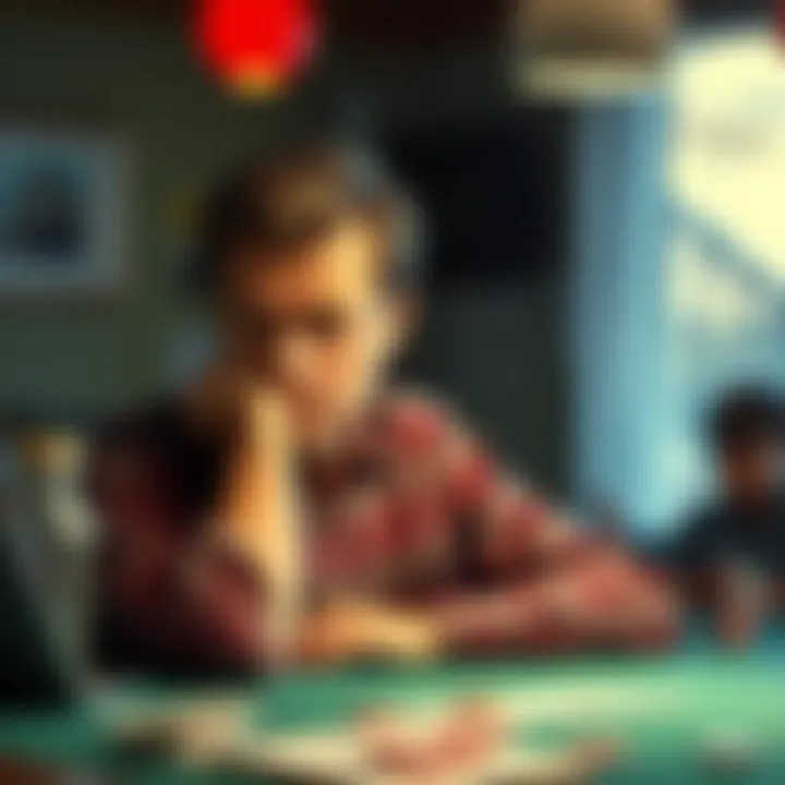 A father with a concerned expression sits at a table, reflecting on his gambling losses, while his children play in the background, unaware of the struggles he's facing.