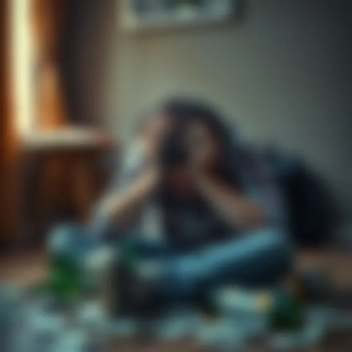 Father in Despair A father sitting on the floor with his head in his hands, surrounded by bills and empty bottles, showing signs of distress.