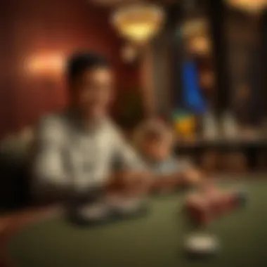 Father and son at a poker table A father and son sitting together at a poker table, the son watching intently as the father plays cards and smiles, showing a warm connection.