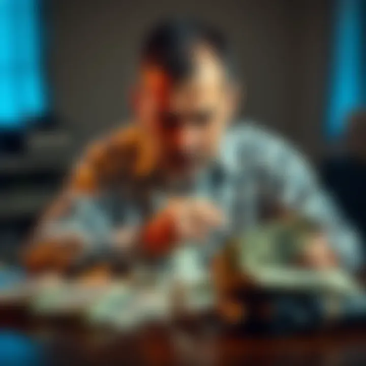 Father in financial distress A worried father sits at a table with bills scattered around him, looking overwhelmed and stressed, capturing the struggle of financial pressure and addiction.