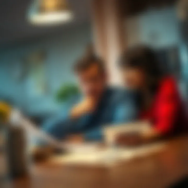 Father Reflecting on Financial Loss A concerned father sits at a kitchen table, looking down at bills and papers, showing signs of worry and guilt, while his supportive wife stands nearby.