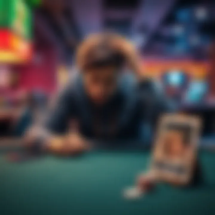 Father Reflecting on Gambling Losses A father sits alone at a gaming table, looking distressed after losing money, holding his head in his hands, with a photo of his child nearby.