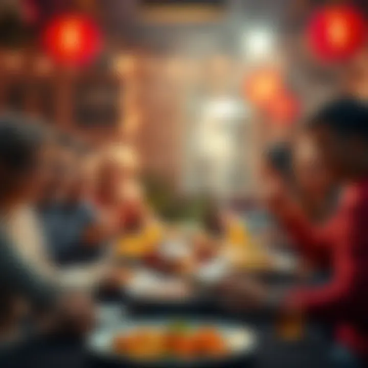 Feast with Friends A group of people enjoying a vibrant feast with various foods, celebrating the chance to win big.