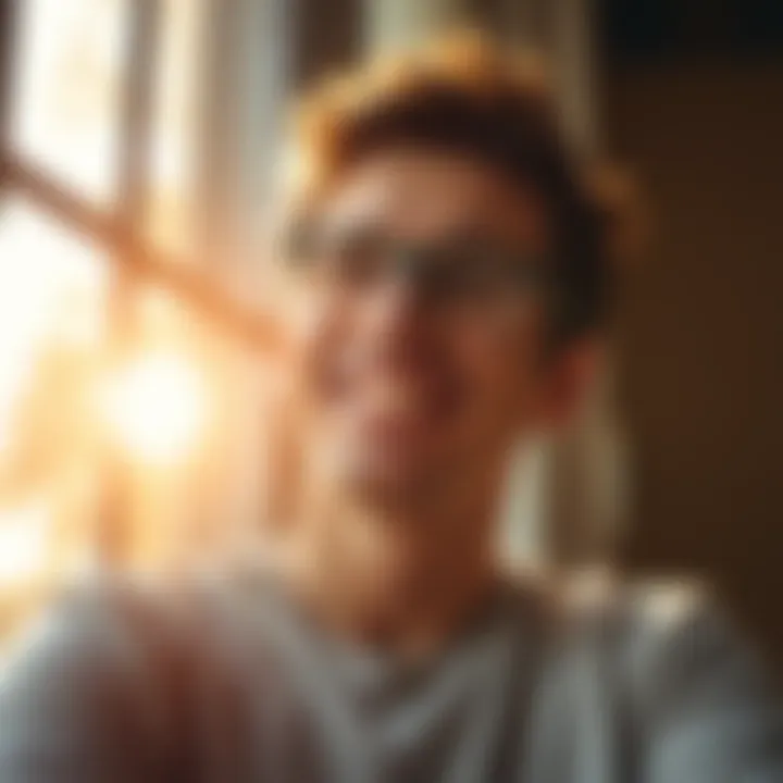 Feeling Strong in Recovery A person smiling confidently, reflecting on their progress in overcoming gambling addiction, with sunlight streaming in through a window