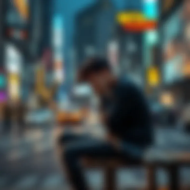A person sitting on a bench with their head in their hands, looking defeated in a bustling city
