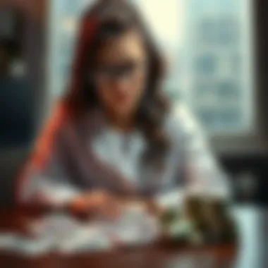 A female scientist looking worried while sitting at a table with bills and empty pockets, symbolizing her struggles with gambling addiction.