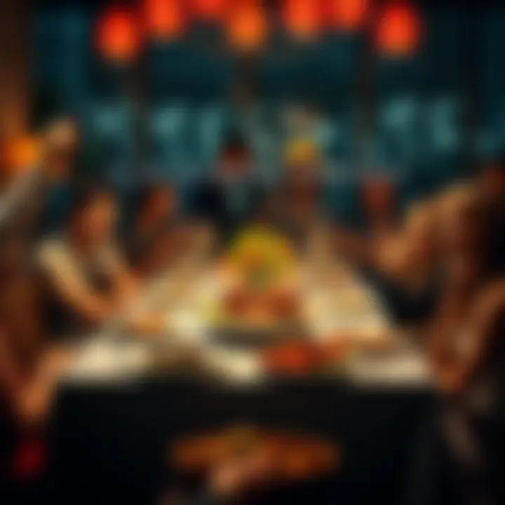 A table set with a delicious chicken dinner, surrounded by happy people celebrating together.