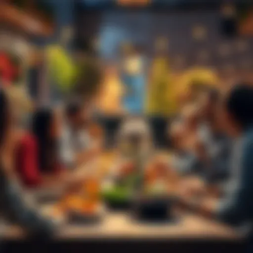 A group of people enjoying a festive meal together, sharing food and laughter at a table.