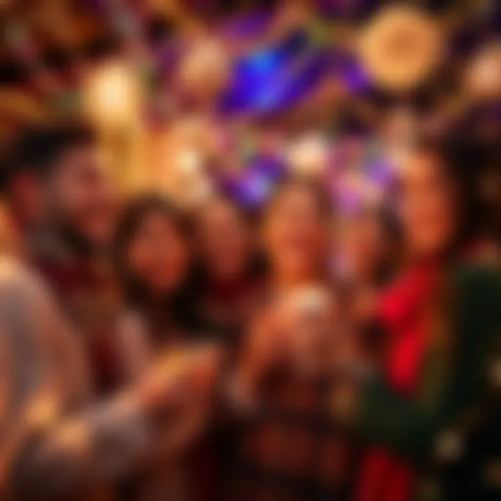 A group of people enjoying a festive celebration with colorful decorations and smiles, sharing joy and laughter.