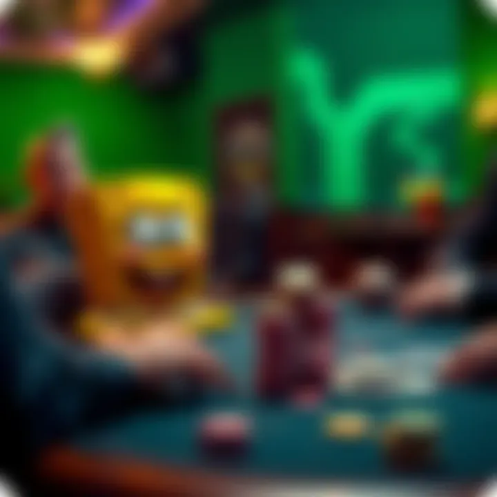 A humorous poker game scene featuring Patrick from SpongeBob SquarePants sitting at a table with cards and chips, looking confused while another character watches with a smirk, representing fictional ...