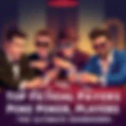 Illustration of fictional poker players at a table, featuring a suave man in a tuxedo, a detective with a magnifying glass, and a cool guy with sunglasses, all engaged in a tense card game.