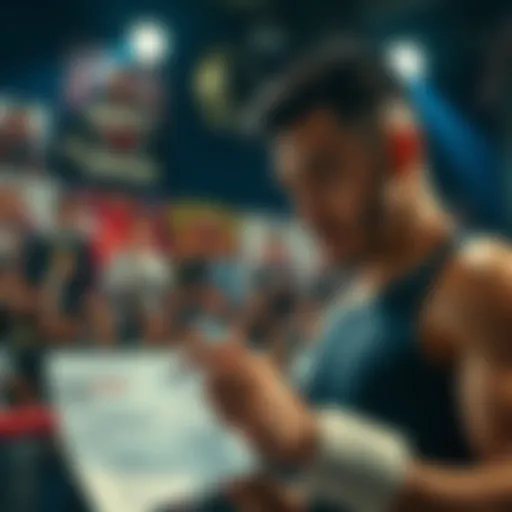 A fighter looks thoughtful while examining a betting slip, with a focus on the Ruffy vs. Arman fight, surrounded by fight posters and cheering fans.