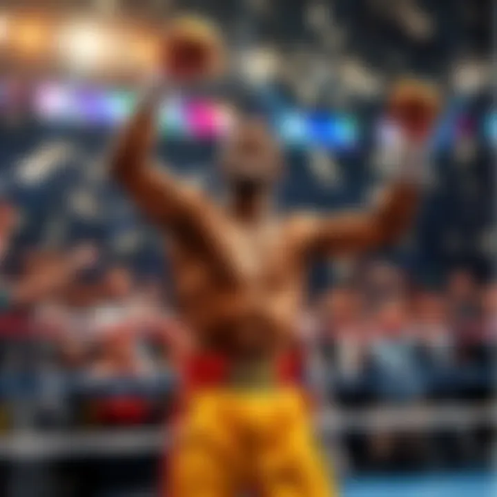A fighter celebrating a win in the ring with fans cheering and cash in the air