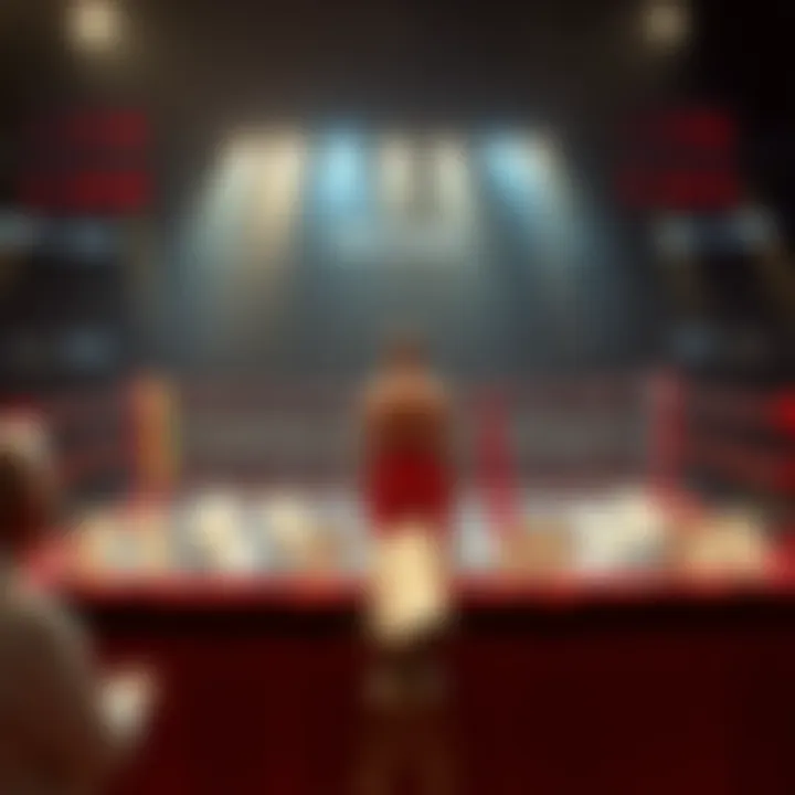 A fighter stands in a boxing ring surrounded by betting slips and odds displayed, raising questions about the fairness of fights.