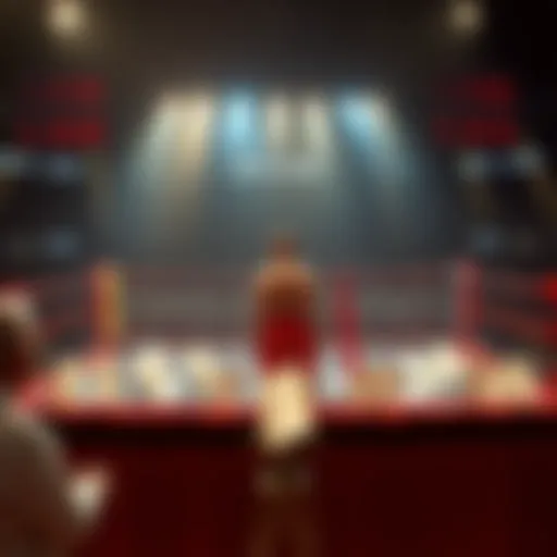 Fighter in a ring with betting slips A fighter stands in a boxing ring surrounded by betting slips and odds displayed, raising questions about the fairness of fights.