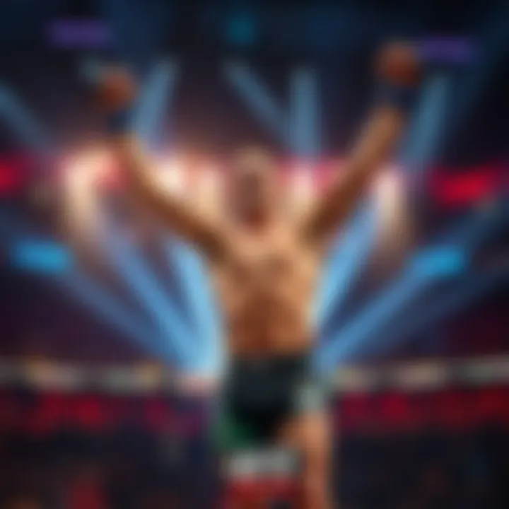 A fighter celebrating a victory in the octagon, raising their arms in triumph after a tough match.