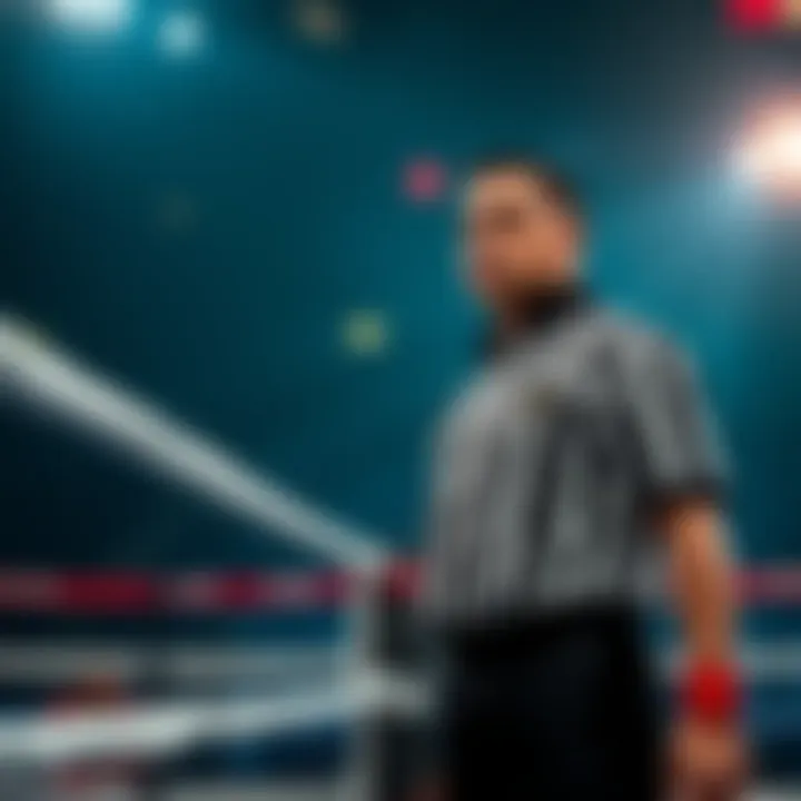Fighter Hernandez standing in the boxing ring looking worried beside a referee, after a disappointing match