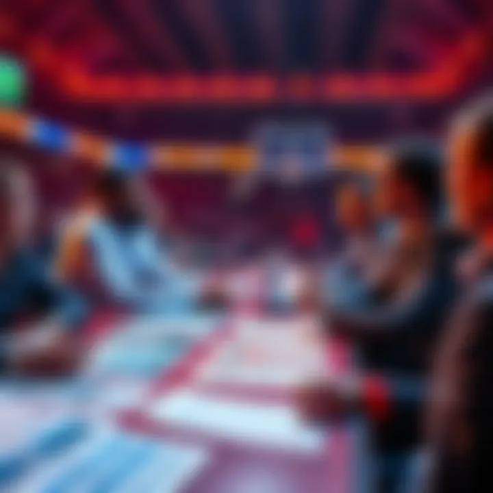 Final Betting Picks Discussion A group of people discussing sports betting picks before a break, with charts and betting slips on a table.