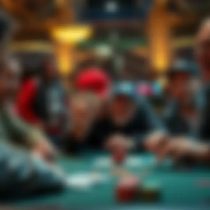 Final Poker Hand Showdown A player dramatically reveals their cards in a high-stakes poker game, while others look on with surprise and tension.