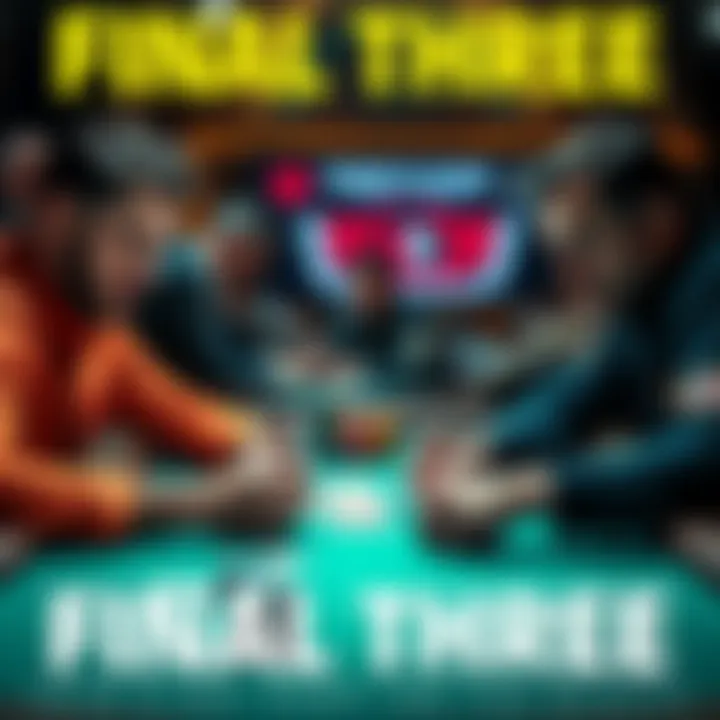 Three intense poker players at a final table, analyzing their cards and strategies during a crucial moment in the tournament.