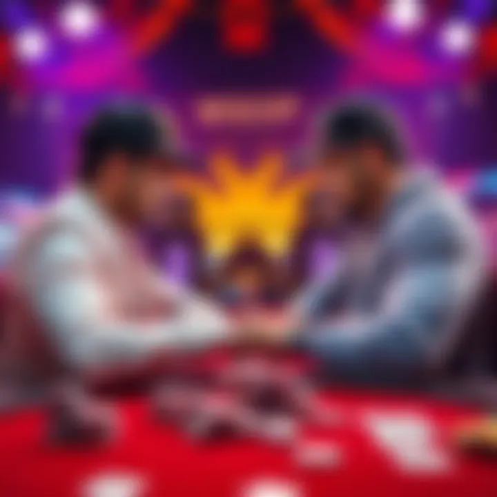 Two intense poker players facing each other at the WSOP Main Event final table, with chips and cards on the table