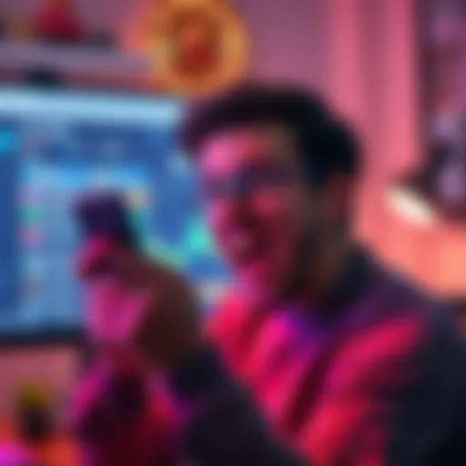 A person looking excited while checking financial gains on their phone, with a computer screen showing a Discord interface in the background
