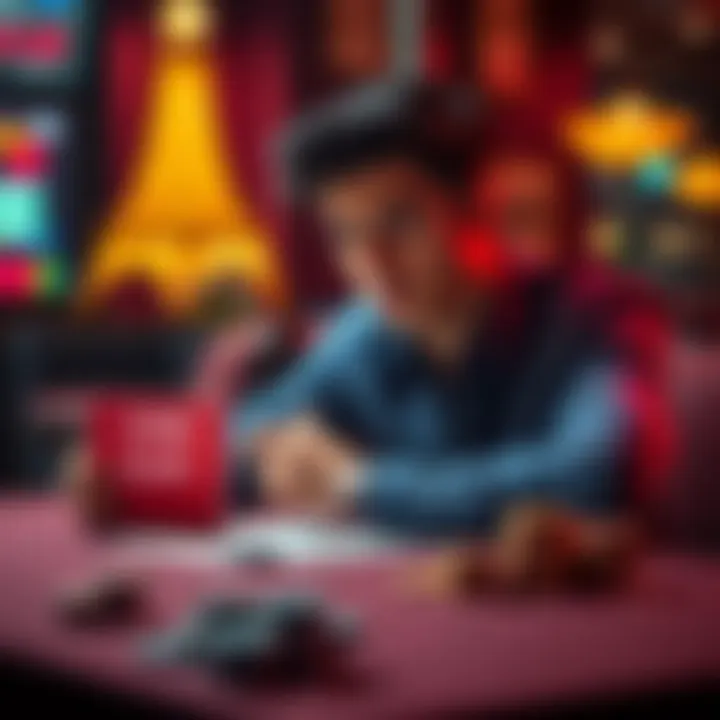 Person weighing financial choices Individual sits at a table with a loan offer and gambling chips, contemplating financial decisions for family support and gambling urges