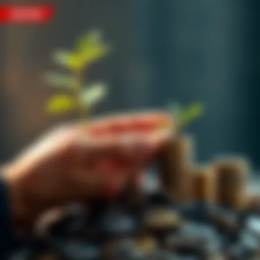 A hand holding a growing plant next to a stack of coins, symbolizing financial growth and investment opportunities.