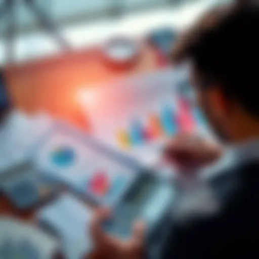 A person analyzing financial charts and graphs, showing a path from losses to profits, with calculators and notes around them.