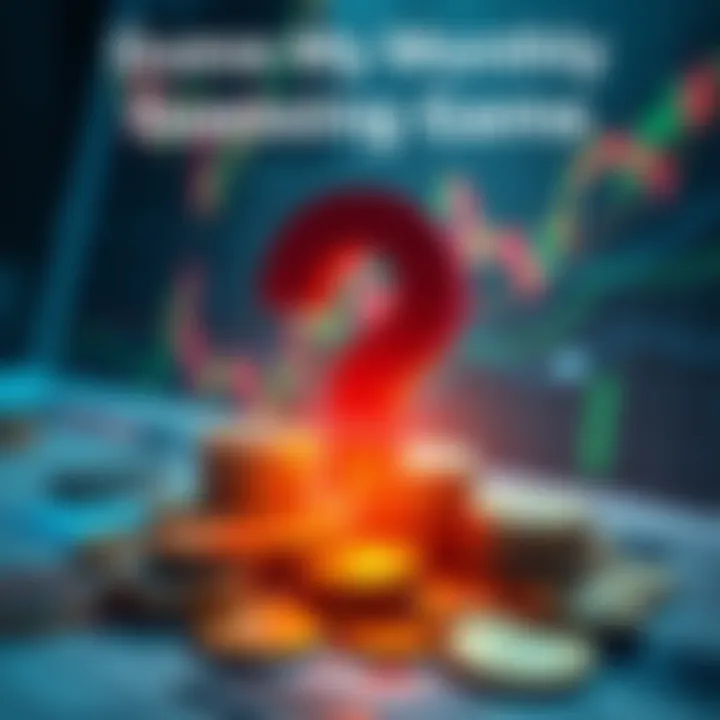 A dynamic graphic showing a question mark overlaid on financial charts and coins, inviting people to guess monthly expenses.