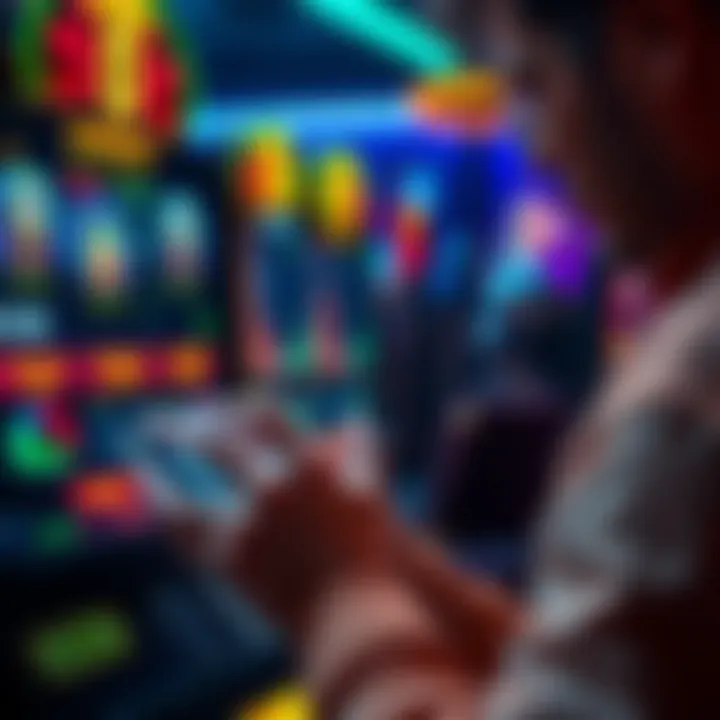 A person examining a gambling app with financial data and incentives displayed on the screen.