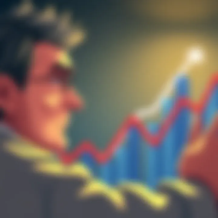 A person looking at a fluctuating graph with sad expressions, representing the ups and downs of an investment experience.