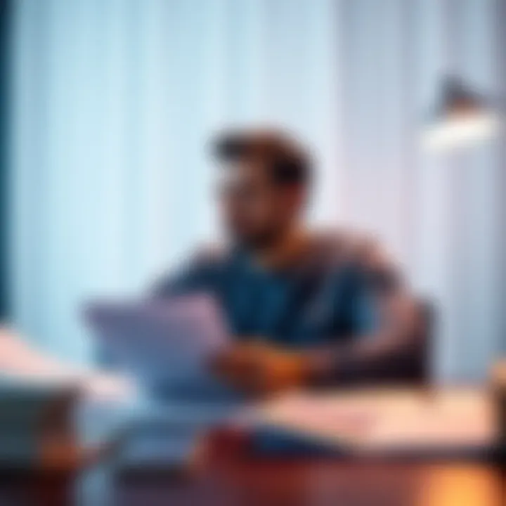 Financial Recovery Journey A person reviewing financial documents at a table, looking hopeful and focused on their recovery plan.