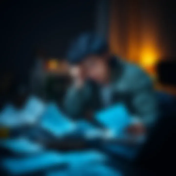 A person reflecting on financial struggles A person sitting at a table, surrounded by bills and financial statements, looking worried and deep in thought