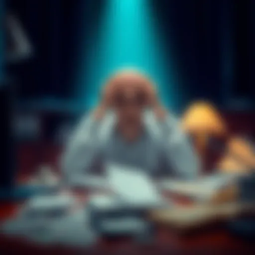 A person sitting at a desk with their head in hands, surrounded by bills and financial documents, reflecting deep frustration and despair over gambling losses.