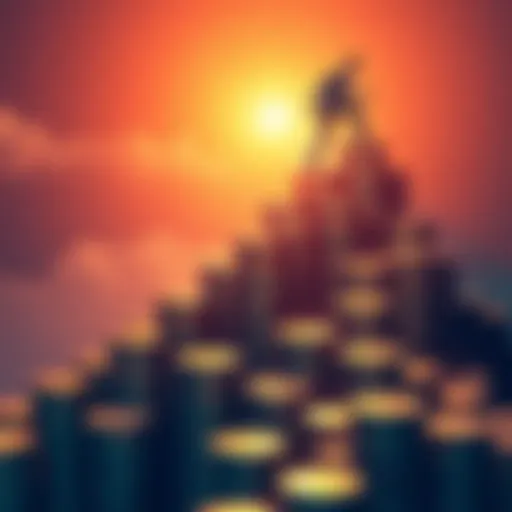 A person climbing a staircase made of coins, symbolizing financial growth and achievement of Platinum II status.