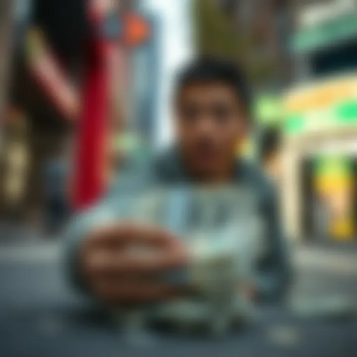 Finding Money on the Street A person looking surprised while holding a stack of cash found on the ground.