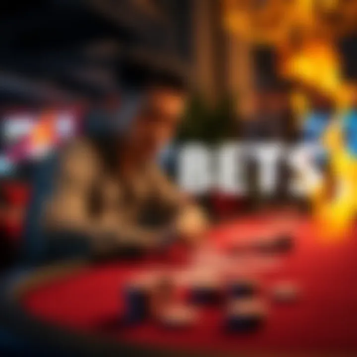 A person sitting at a gaming table, contemplating a risky fire bet while looking at chips and cards on the table.