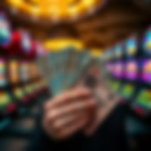 A person holding cash and casino chips in front of slot machines, excited for their first casino experience.