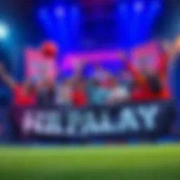 A group of excited players celebrating the launch of the first HR parlay, with colorful banners and a competitive atmosphere.