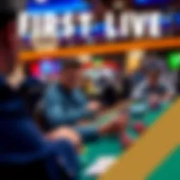 A player sitting at a poker table in a casino, focused on their cards with chips in front of them, surrounded by other players.