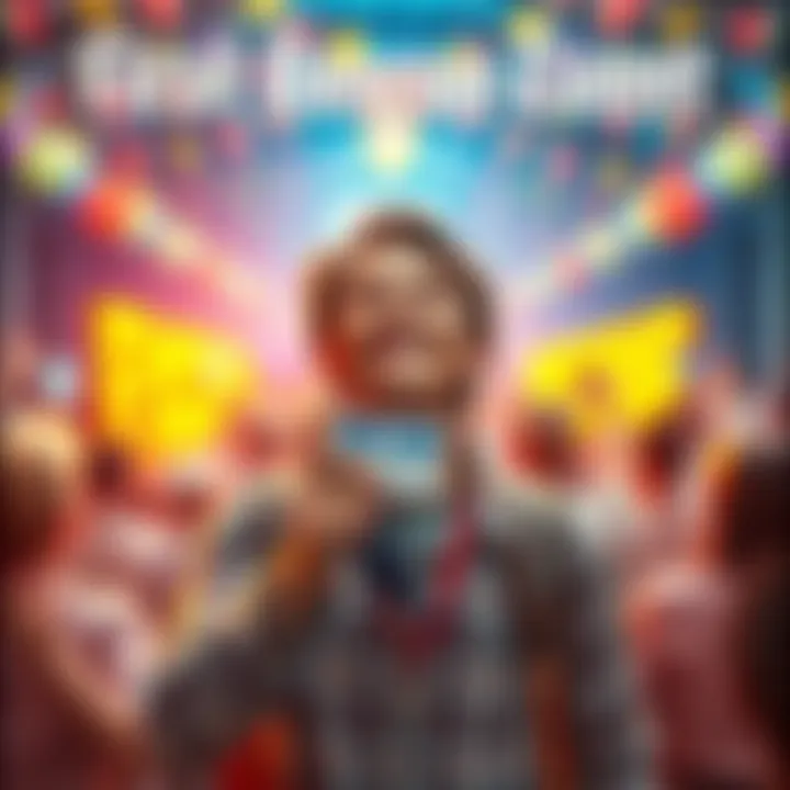 A person holding a rescue badge, looking hopeful and excited about their first rescue event, surrounded by colorful decorations and cheering crowd.